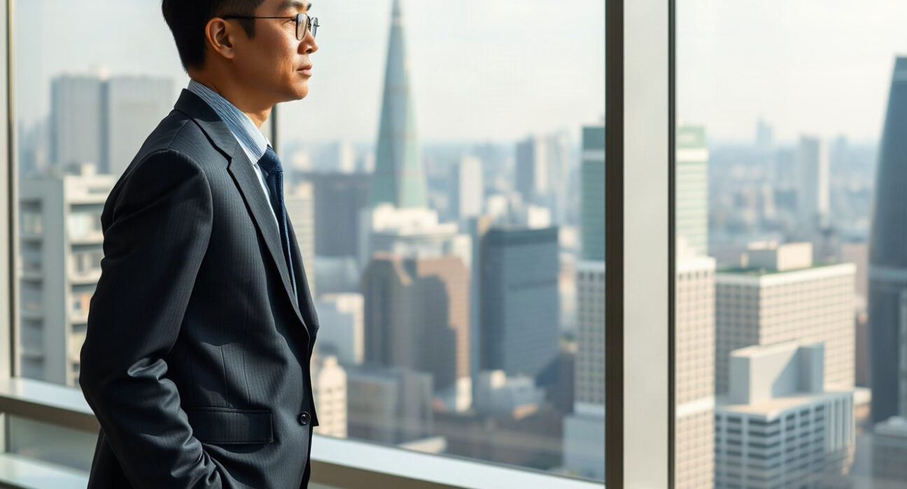 Japanese office worker looking at city skyline, representing labor market conditions in Japan.