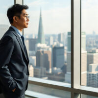 Japanese office worker looking at city skyline, representing labor market conditions in Japan.