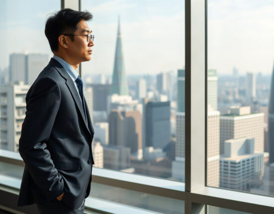 Japanese office worker looking at city skyline, representing labor market conditions in Japan.