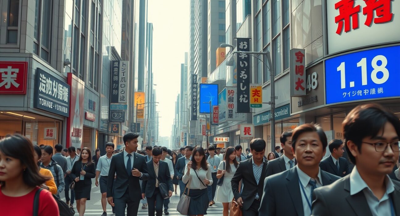 Busy Tokyo street scene with a job recruitment sign, representing Japan's labor market data for June.