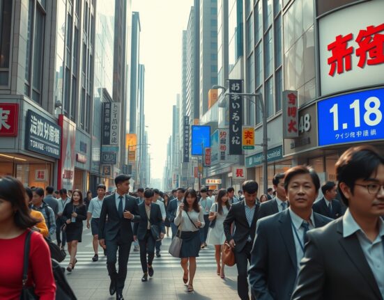 Busy Tokyo street scene with a job recruitment sign, representing Japan's labor market data for June.