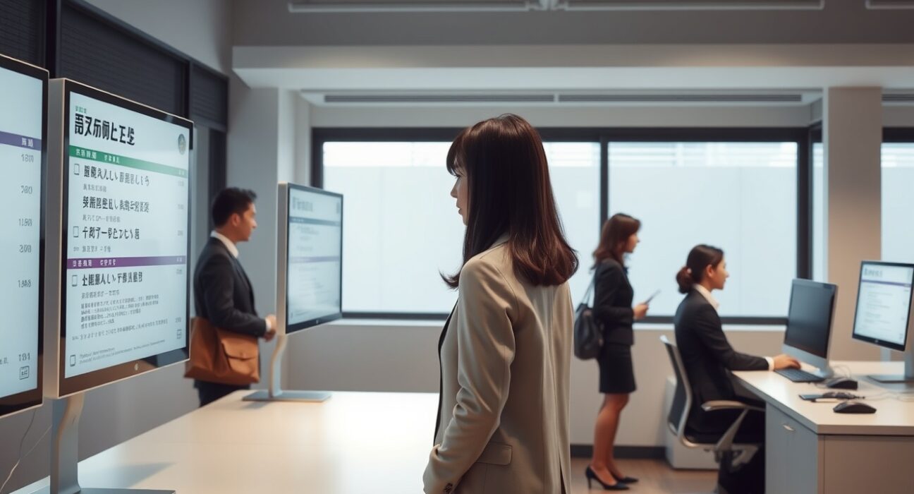 Job seekers in a modern Tokyo employment office, illustrating Japan's labor market conditions.