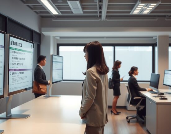 Job seekers in a modern Tokyo employment office, illustrating Japan's labor market conditions.