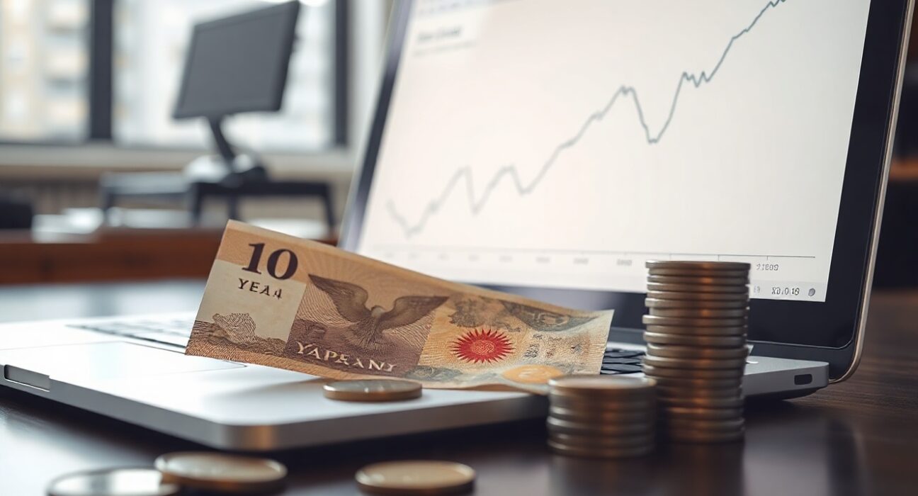 Japanese yen banknotes and coins with a laptop showing an upward chart, representing Japan's Producer Price Index data.