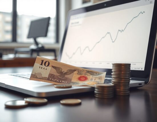 Japanese yen banknotes and coins with a laptop showing an upward chart, representing Japan's Producer Price Index data.