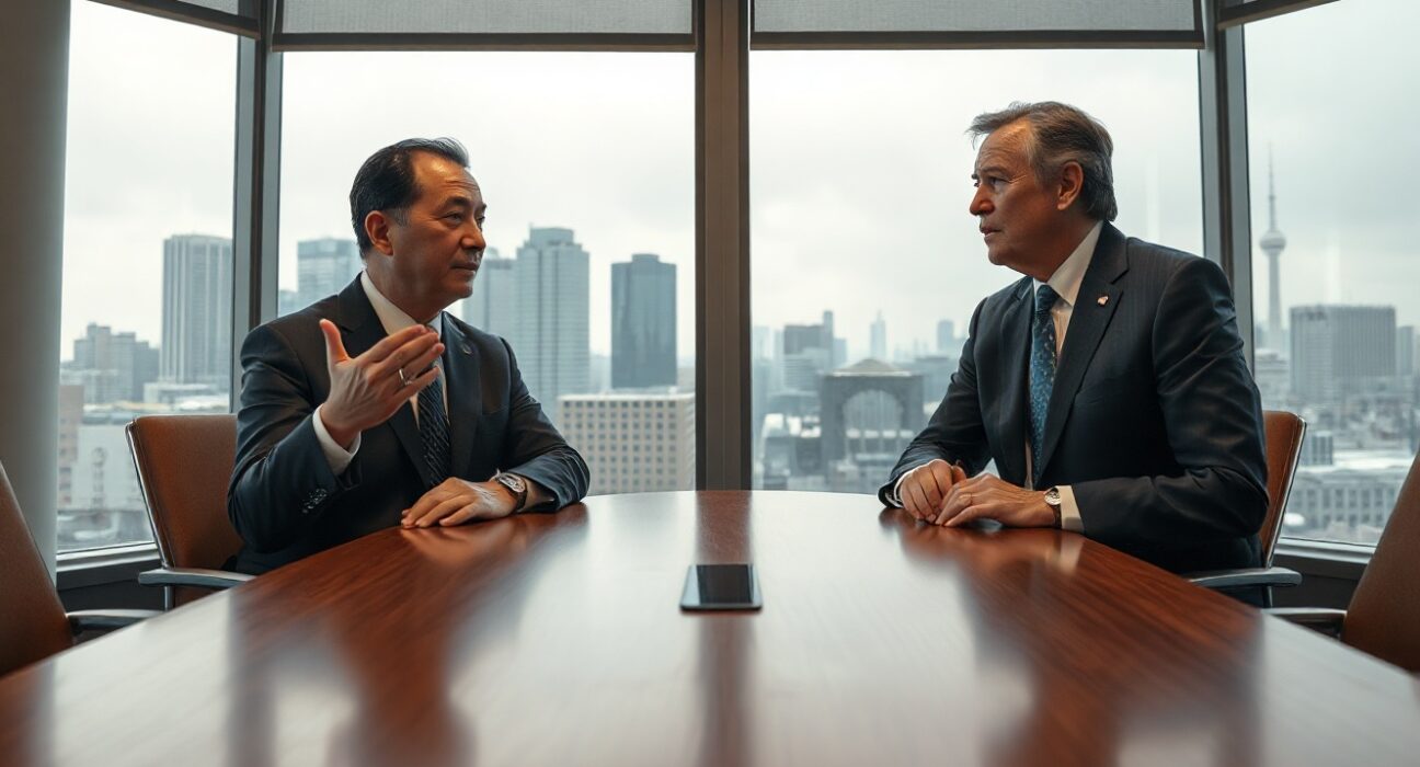 Japanese and US officials in a Tokyo government meeting room discussing currency policy