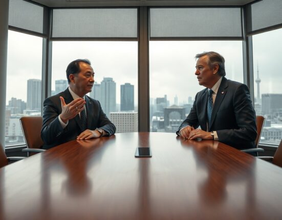 Japanese and US officials in a Tokyo government meeting room discussing currency policy