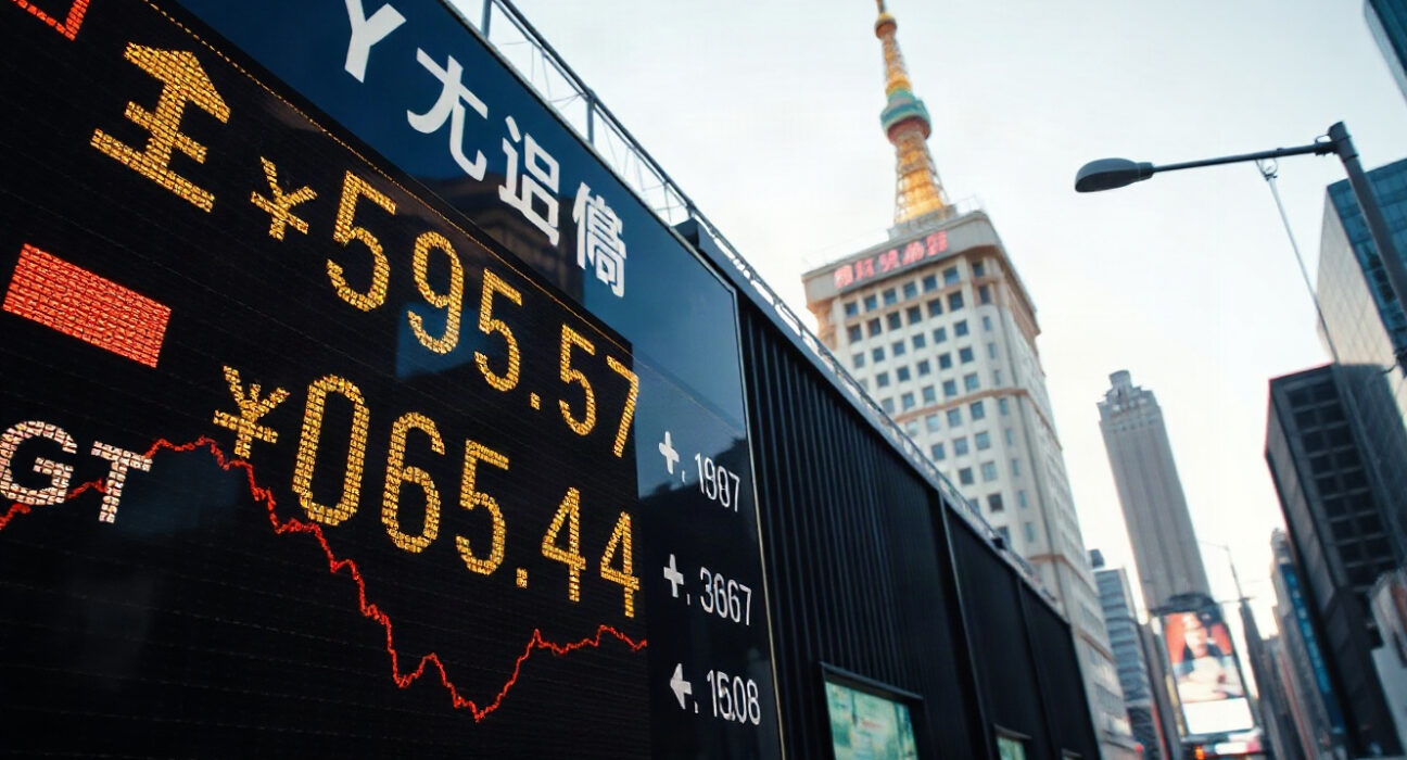 Tokyo financial district skyline at dawn with currency exchange board in foreground