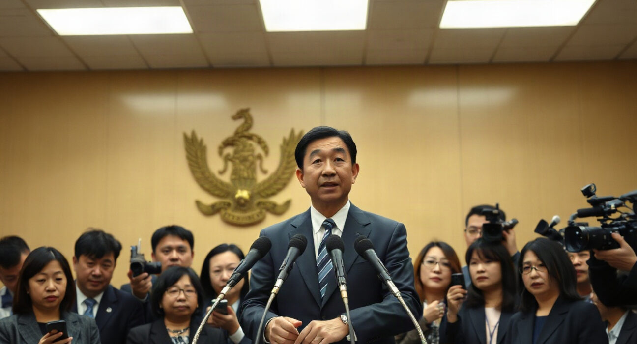Japanese currency diplomat Masato Katayama speaking at a press conference on fiscal policy