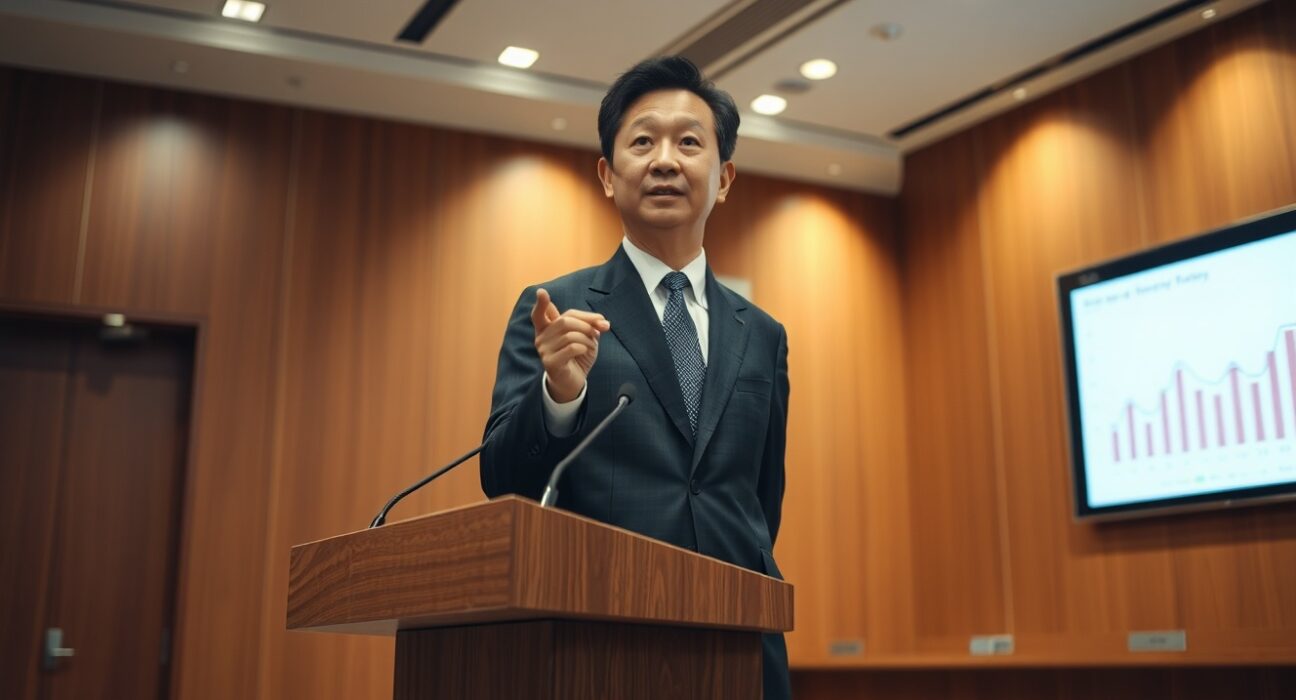 Japan Finance Minister Katayama speaking at a press conference in Tokyo, pledging flexible economic policy to safeguard livelihoods.
