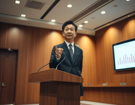 Japan Finance Minister Katayama speaking at a press conference in Tokyo, pledging flexible economic policy to safeguard livelihoods.
