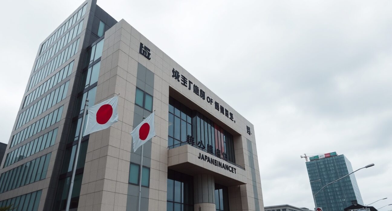 Japanese Ministry of Finance building in Tokyo under overcast sky