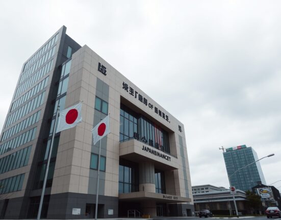 Japanese Ministry of Finance building in Tokyo under overcast sky