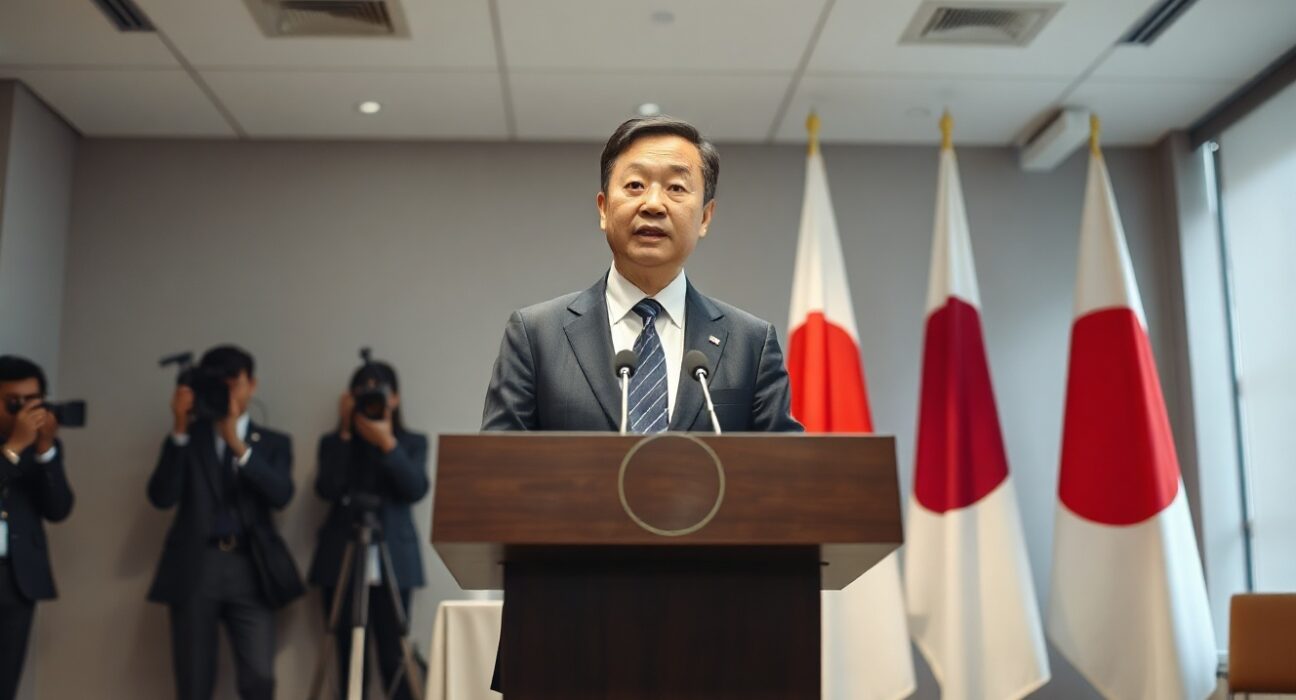 Japan Finance Minister Katsunobu Katayama speaking at a press conference in Tokyo