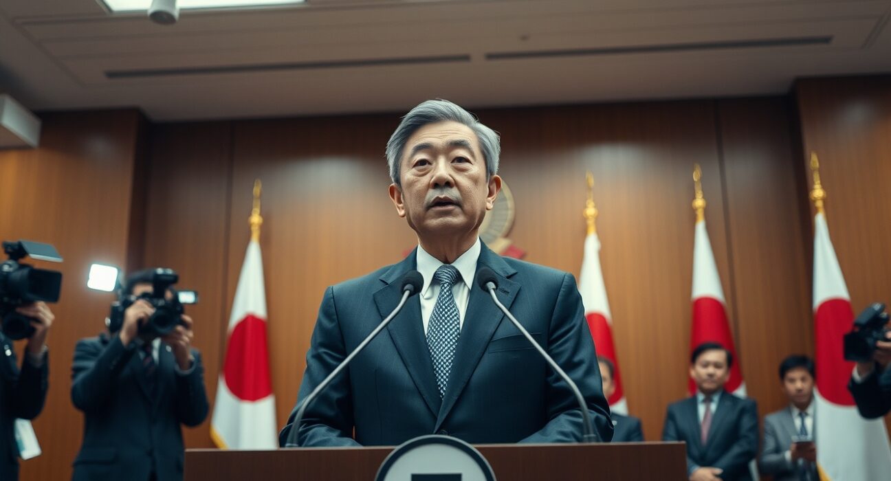 Japan Finance Minister Katayama speaking at a press conference about budget proposals.