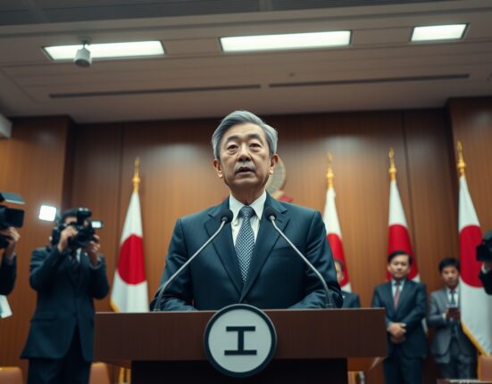 Japan Finance Minister Katayama speaking at a press conference about budget proposals.