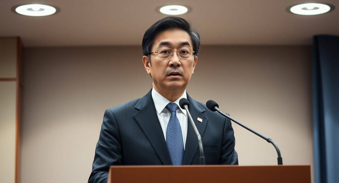 Japan's industry minister speaking at a press conference about oil market volatility and potential government measures.