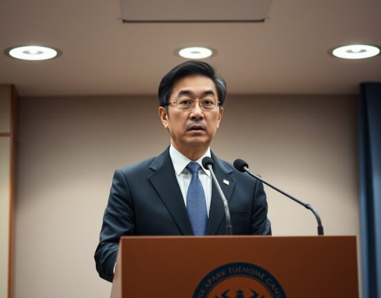 Japan's industry minister speaking at a press conference about oil market volatility and potential government measures.