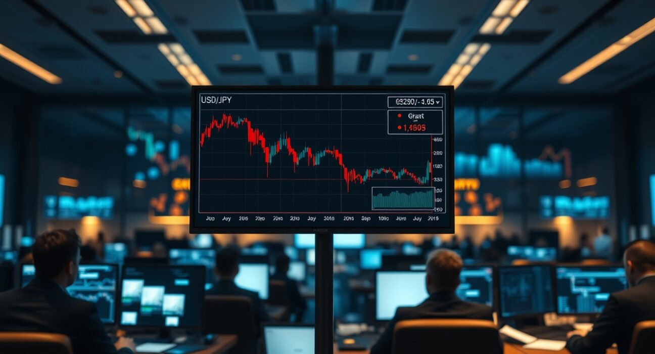 Financial trading monitor displaying USD/JPY and oil price charts on a Tokyo trading floor