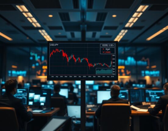 Financial trading monitor displaying USD/JPY and oil price charts on a Tokyo trading floor