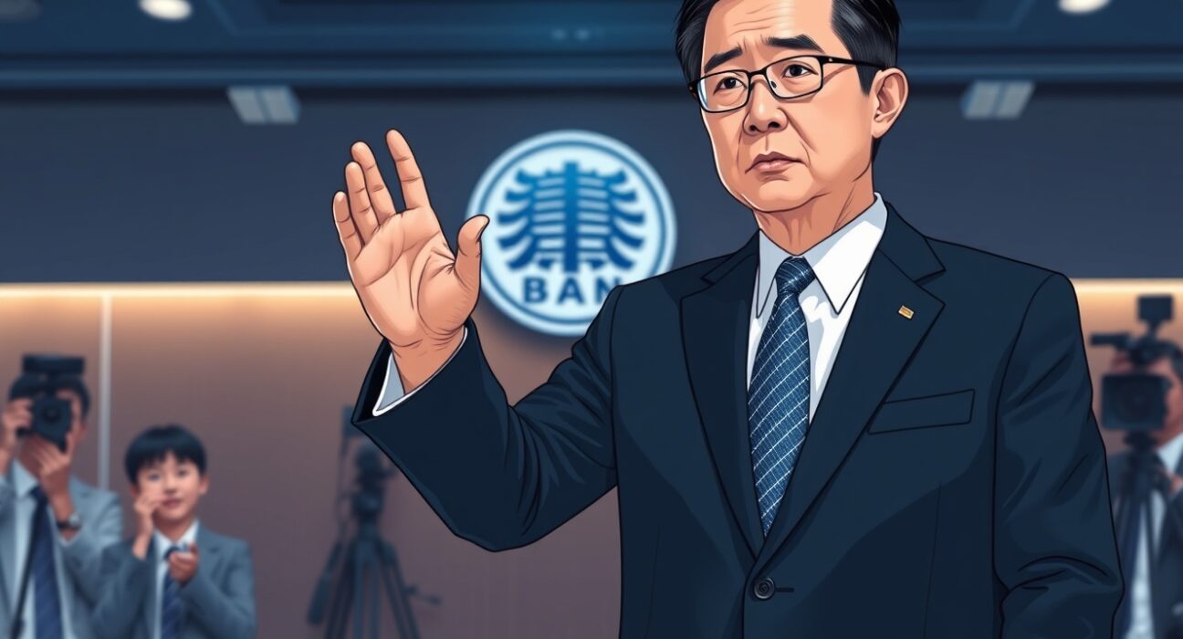 Bank of Japan official Katayama issuing a decisive action warning against yen speculation in a press conference setting