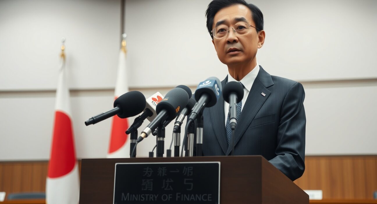 Japanese Ministry of Finance official Masato Katayama speaking at a press conference about US-Japan currency policy cooperation