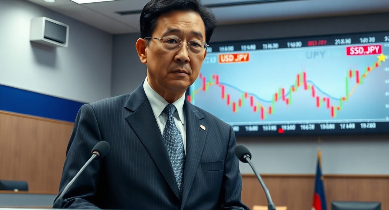 Japan's top currency diplomat Atsushi Katayama at a press conference warning of intervention against speculative yen moves