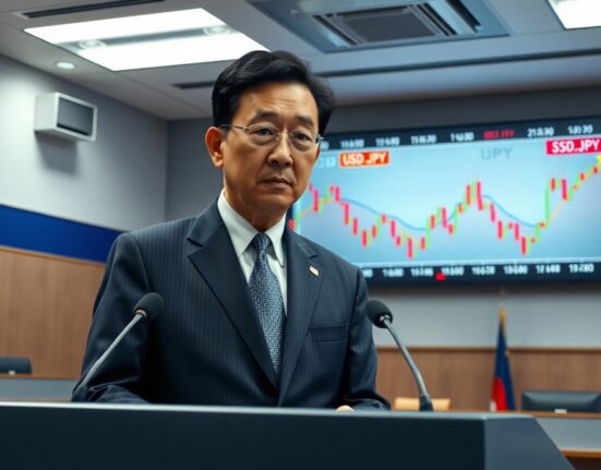 Japan's top currency diplomat Atsushi Katayama at a press conference warning of intervention against speculative yen moves