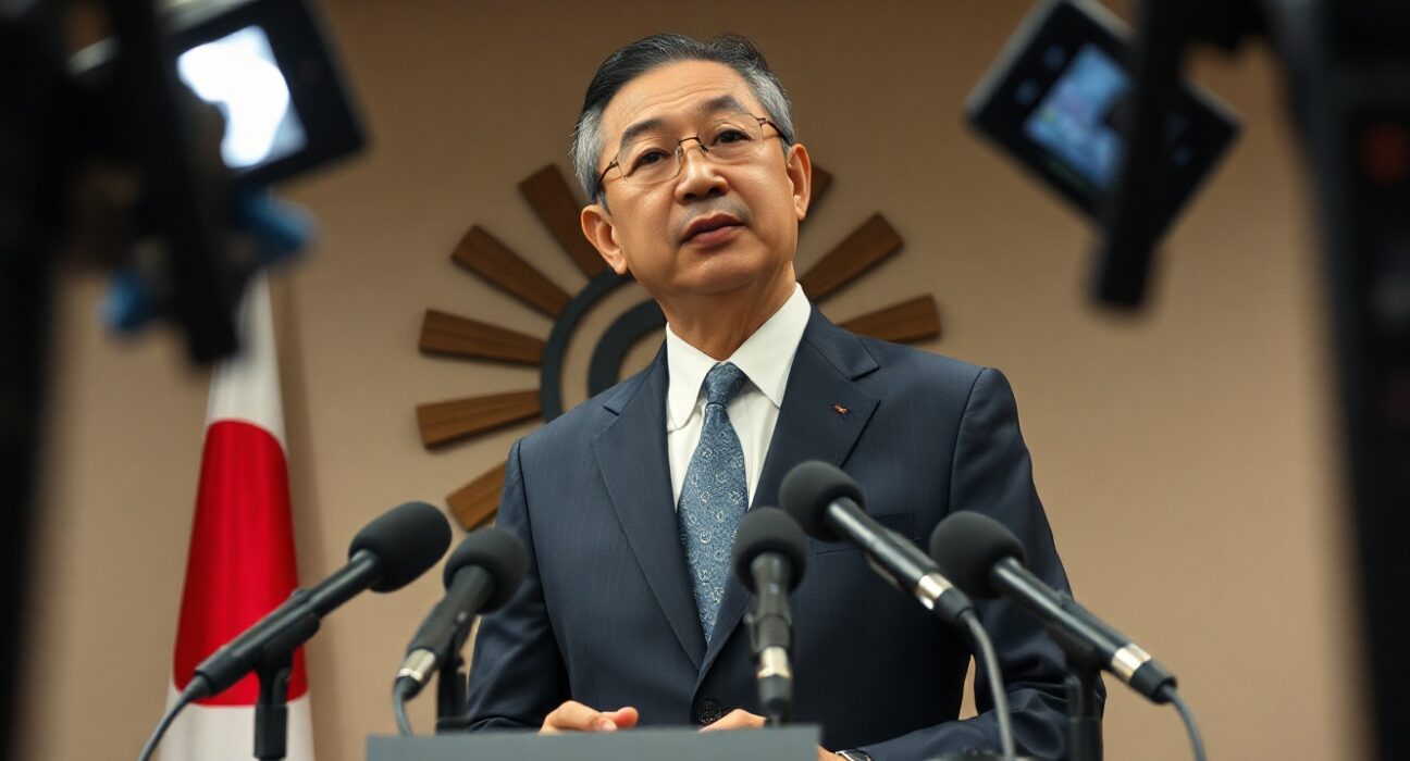Japan Chief Cabinet Secretary Yoshimasa Kihara speaking at a press conference about monetary policy.