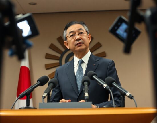Japan Chief Cabinet Secretary Yoshimasa Kihara speaking at a press conference about monetary policy.