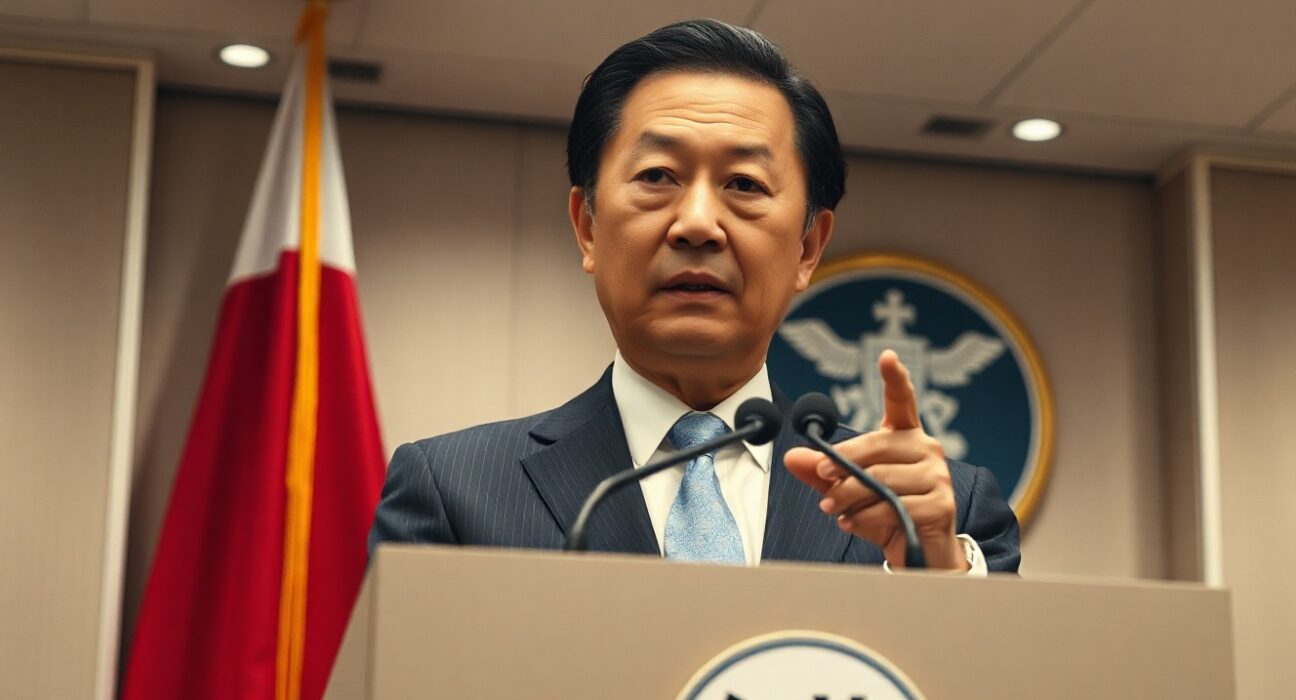 Japan Finance Minister Kihara speaking at a press conference about fiscal policy and debt reduction.