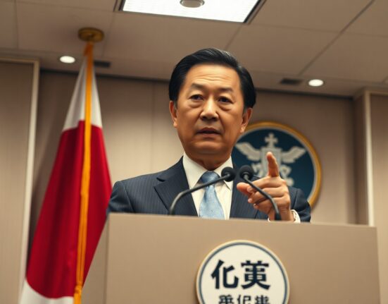 Japan Finance Minister Kihara speaking at a press conference about fiscal policy and debt reduction.