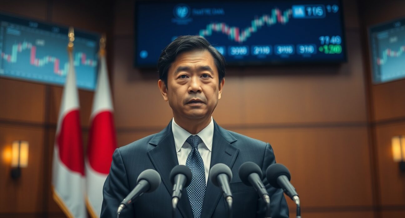 Japan Finance Minister Kihara at a press conference, signaling readiness to intervene in forex markets.