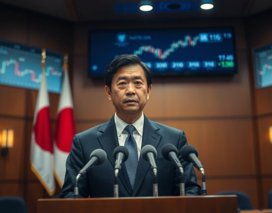 Japan Finance Minister Kihara at a press conference, signaling readiness to intervene in forex markets.
