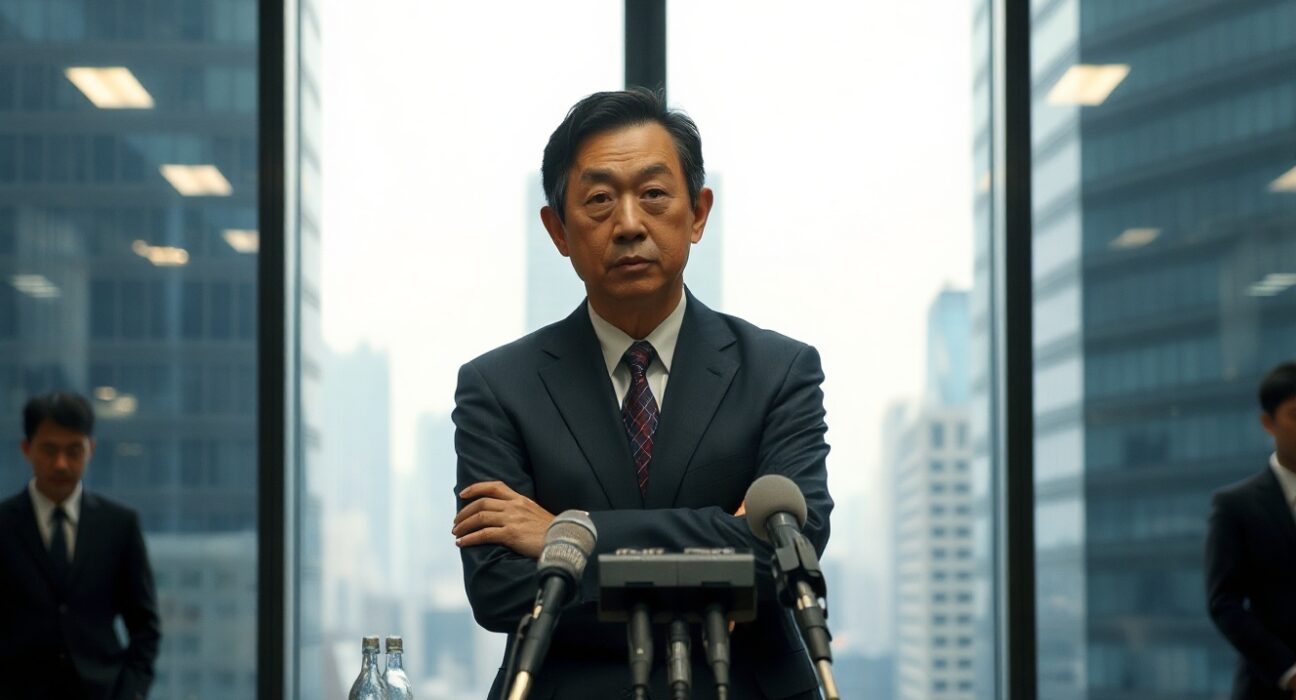 Japanese currency diplomat Kihara at a press conference in Tokyo discussing yen policy