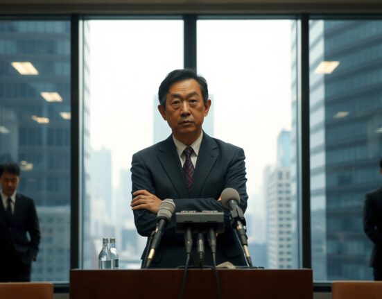 Japanese currency diplomat Kihara at a press conference in Tokyo discussing yen policy