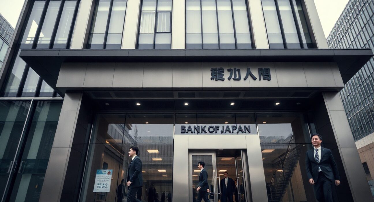 Bank of Japan headquarters in Tokyo on a cloudy day, with officials nearby