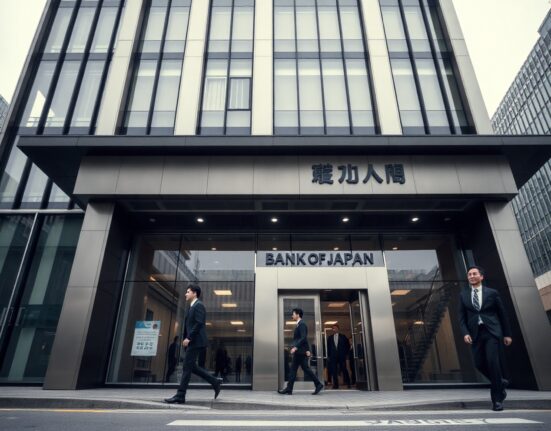 Bank of Japan headquarters in Tokyo on a cloudy day, with officials nearby