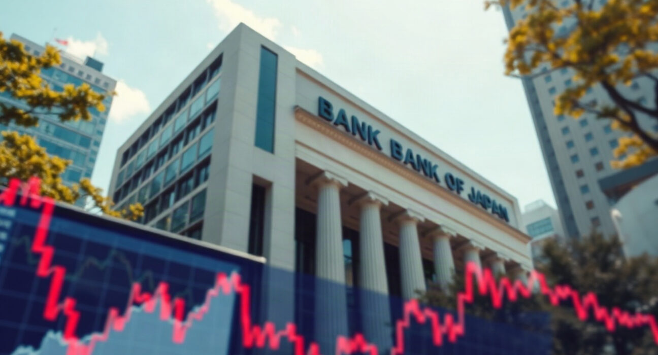 Bank of Japan building in Tokyo, with a subtle rising inflation chart overlay, symbolizing economic outlook.