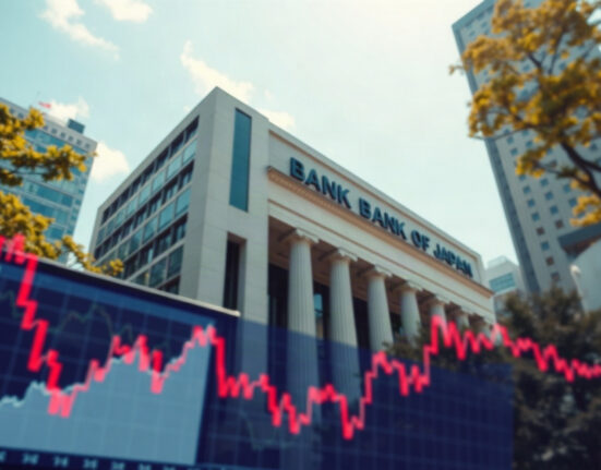 Bank of Japan building in Tokyo, with a subtle rising inflation chart overlay, symbolizing economic outlook.