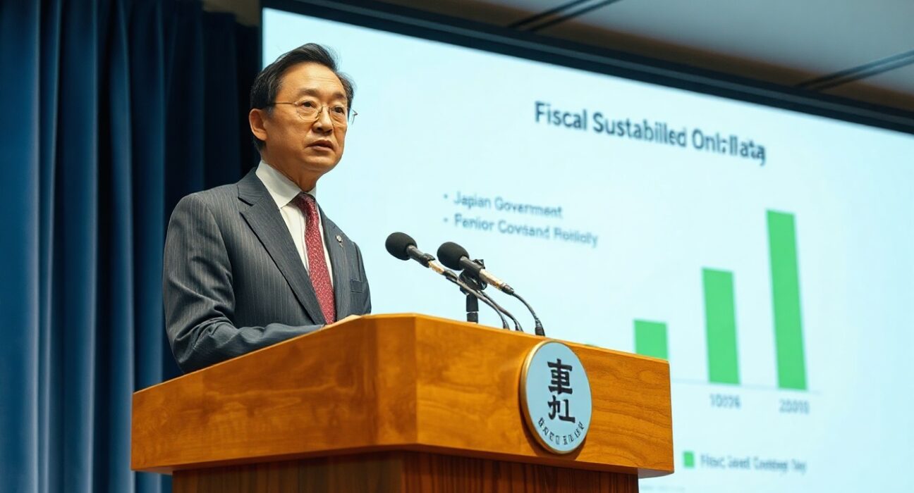 Japan's Kiuchi at a press conference, emphasizing fiscal sustainability policy.