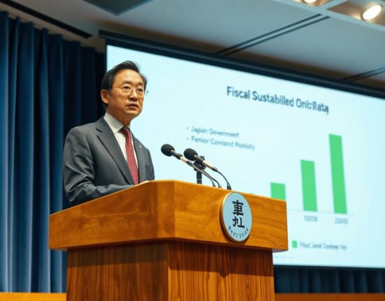 Japan's Kiuchi at a press conference, emphasizing fiscal sustainability policy.