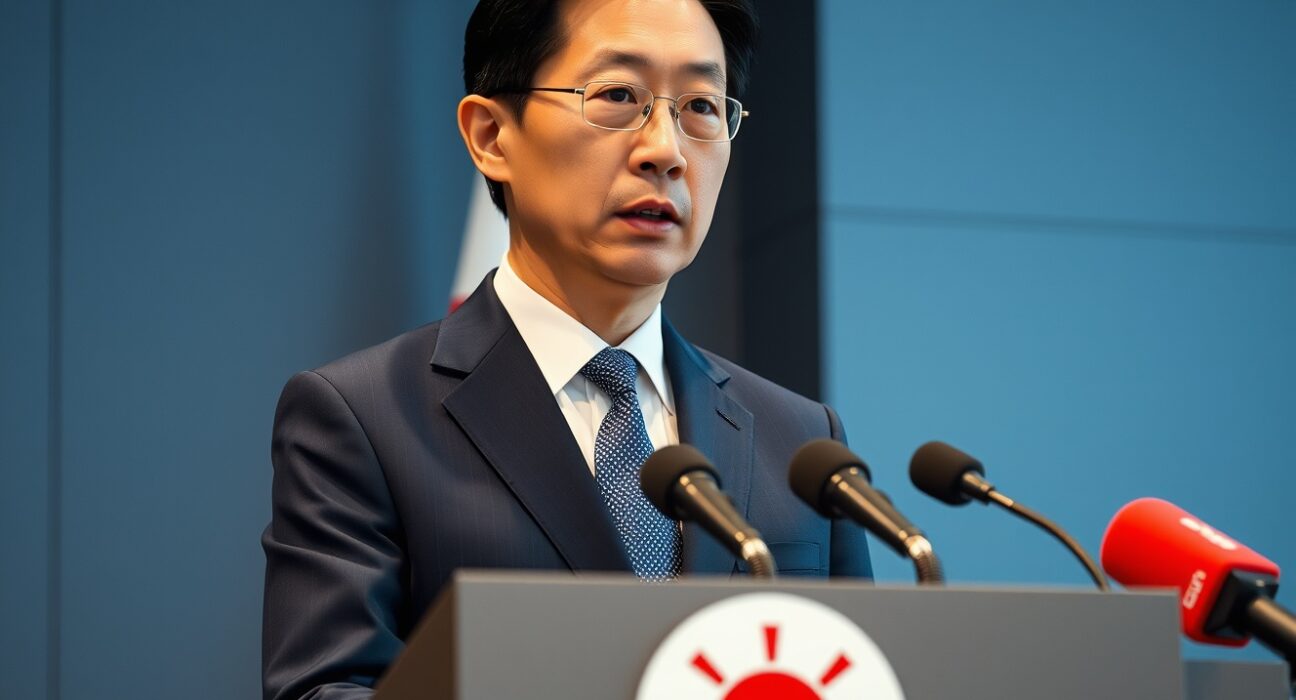 Japan Finance Minister Kiuchi speaking at a press conference in Tokyo about Middle East conflict economic risks