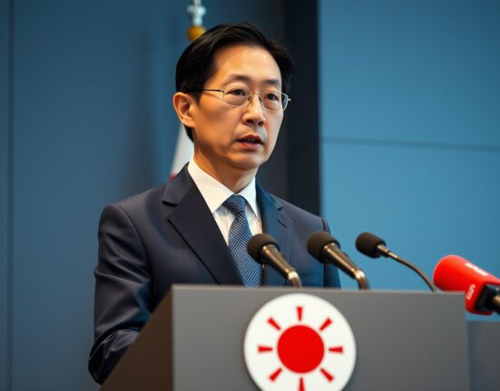 Japan Finance Minister Kiuchi speaking at a press conference in Tokyo about Middle East conflict economic risks