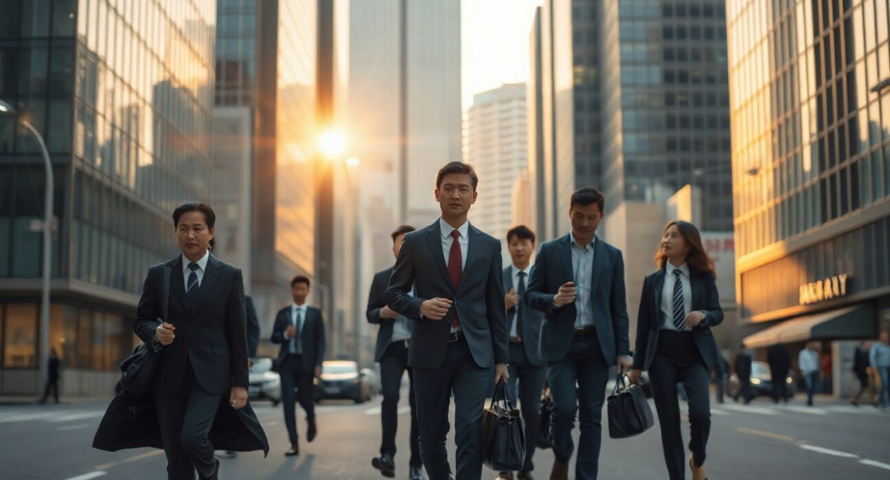Japanese workers crossing a Tokyo street during morning commute, representing labor market activity.
