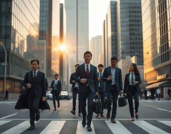 Japanese workers crossing a Tokyo street during morning commute, representing labor market activity.
