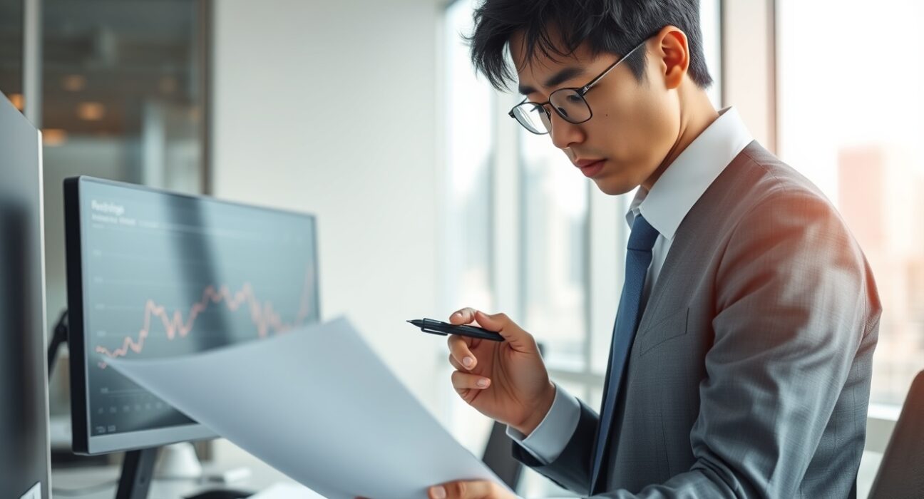 Japanese office worker reviewing a financial document in a modern Tokyo office
