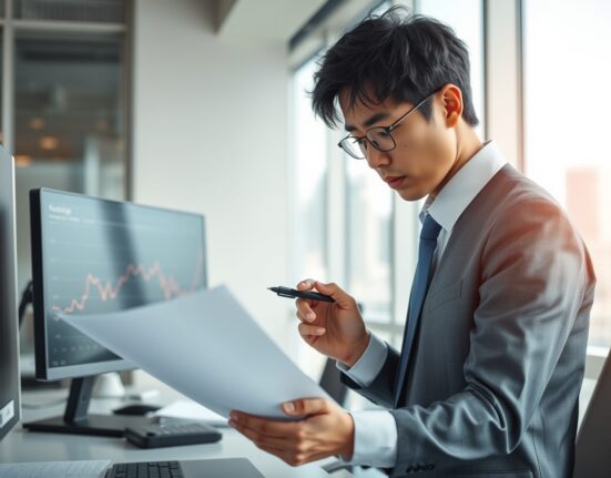 Japanese office worker reviewing a financial document in a modern Tokyo office