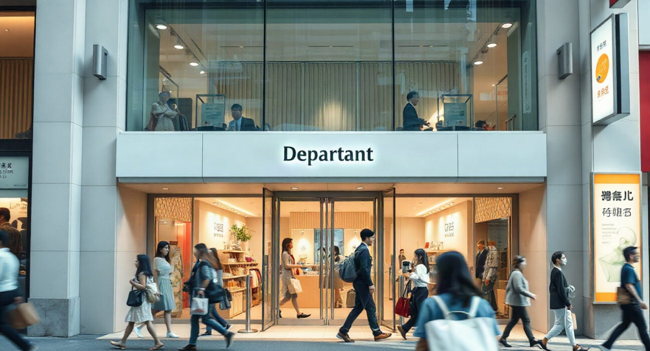 Shoppers entering a department store in Tokyo on a sunny day, reflecting improved retail sales in July.
