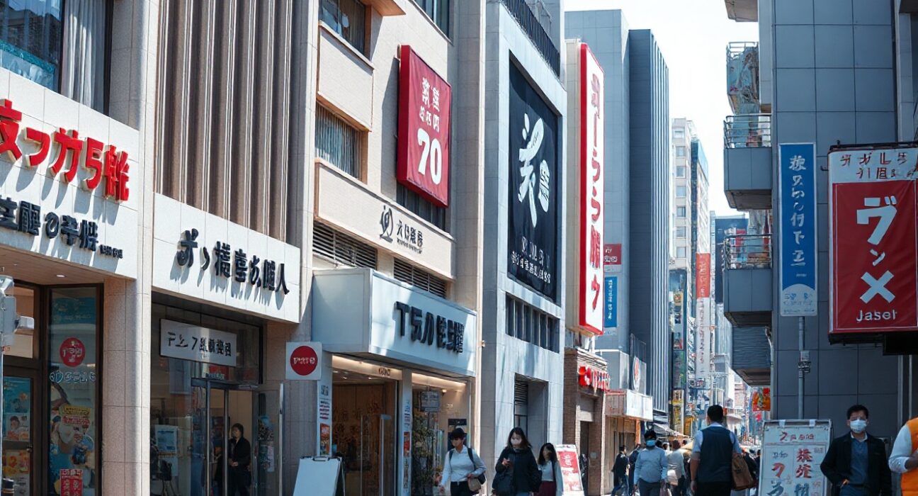 Shoppers walking along a retail street in Tokyo, Japan, with department stores and shops visible.